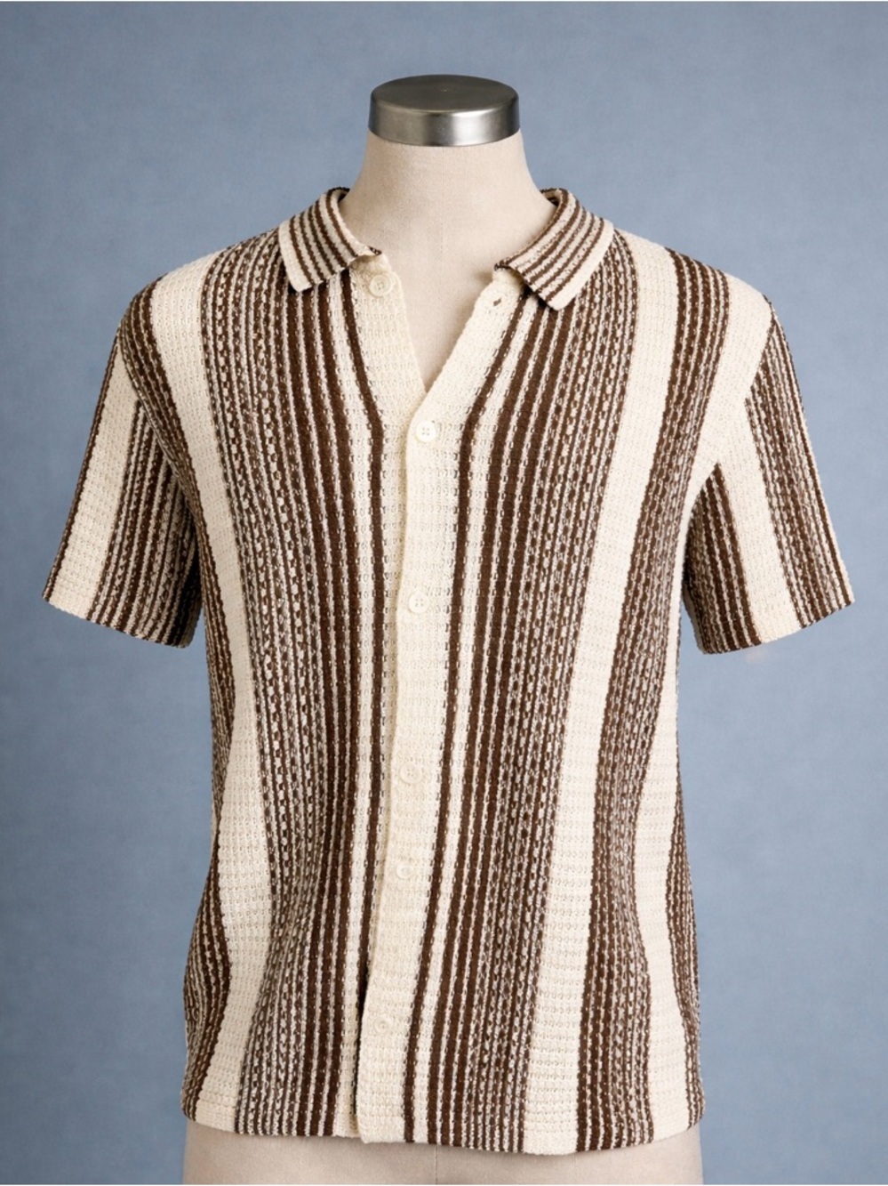 Men's vintage knit Baja striped collared shirt.  L